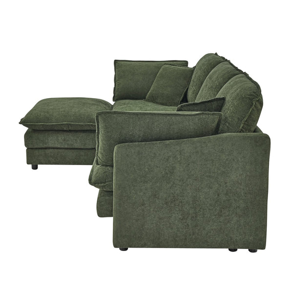 English Elm Modern Sectional Convertible Sofa with Ottoman, Oversized L-Shaped 4-Seater Towel Fabric Comfort Green W1413S00081