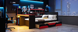 English Elm Full Size Gaming Bed Frame with Desk Led Lights Storage Drawers and Charging Station Black+Red LP000289AAJ