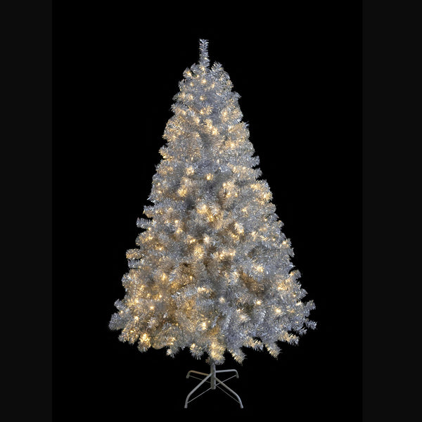 English Elm 6FT Silver Pre-Lit Christmas Tree with 800 Tips, 300 LEDs, 11 Modes, Hinged Metal Stand, Indoor/Outdoor N704P199512N
