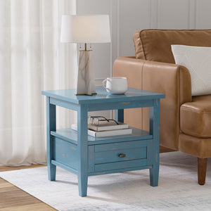 English Elm Warm Shaker Solid Wood End Table Distressed Blue Coastal Finish Bronze Hardware B136P420274