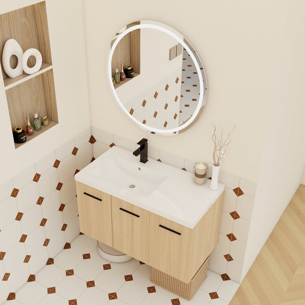 English Elm 36" Floating Bathroom Vanity Light Oak Modular Cabinet with Gel Coat Integrated Sink W3450S00076