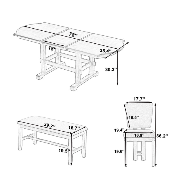 English Elm Topmax Extendable Rubberwood Dining Set Trestle Table Bench Four Upholstered Chairs N717S000090P