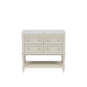 English Elm 36'' Modern Bathroom Vanity with Ceramic Sink and Medicine Cabinet, Solid Wood Frame, 4 Drawers, Waterproof Finish Beige SW000138AAY-1