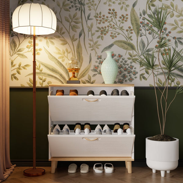 English Elm Shoes Storage Cabinet Slim Flip Door Entryway Organizer with Natural Wood Legs 16 Pairs W3166P268388