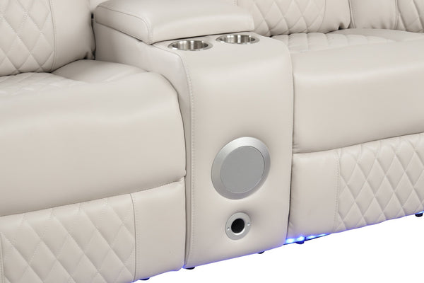 English Elm Lacrosse Power Reclining Sectional with Bluetooth Speakers, LED Lighting, USB Ports & Console Comfort Beige B009S01431