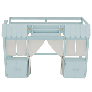English Elm Twin Loft Bed Cottage-Style Playhouse with Built-In Bookshelf, Curtain & Storage, Safe Guardrails Light Blue W1580S00357