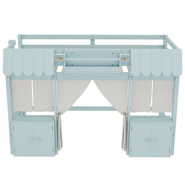 English Elm Twin Loft Bed Cottage-Style Playhouse with Built-In Bookshelf, Curtain & Storage, Safe Guardrails Light Blue W1580S00357