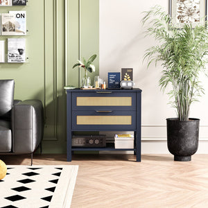 English Elm Rattan Front Boho Coastal Nightstand with Gold Pulls Open Shelf and Woven Drawer Accents Navy Blue T3210P471551