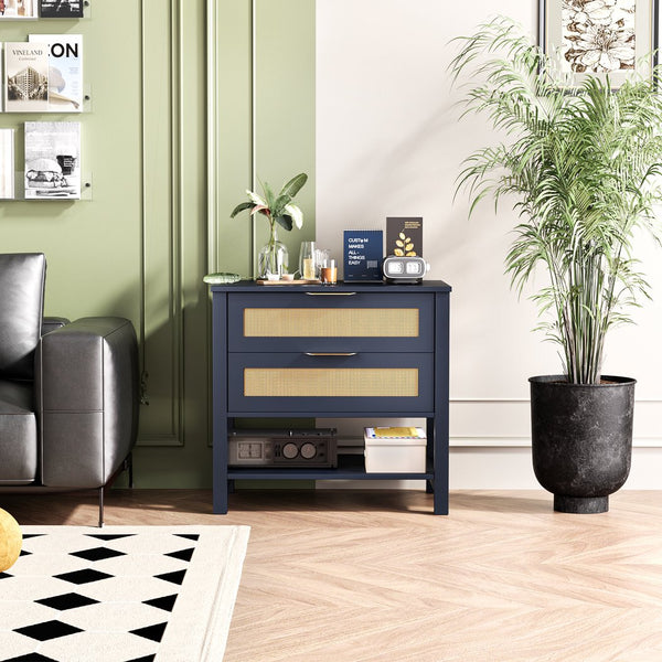 English Elm Rattan Front Boho Coastal Nightstand with Gold Pulls Open Shelf and Woven Drawer Accents Navy Blue T3210P471551