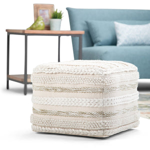 English Elm Sommer Handcrafted Square Pouf Natural Fabric Woven Texture, Supportive Polystyrene Fill, Multiuse Seat Beige B136P159327