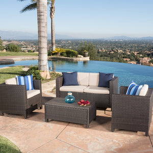 English Elm Puerta 4 Piece Outdoor Patio Set Pe Wicker Rattan with Iron Frame Cushioned Seating 52978.00DBRN