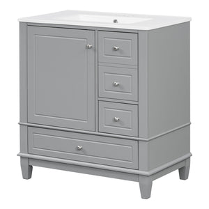English Elm Christopher Knight Home® - 30" Freestanding Bathroom Vanity with Ceramic Sink, Soft-Close Door, Gold Knobs & 3 Drawers, Durable Painted Finish Grey N759P225994E