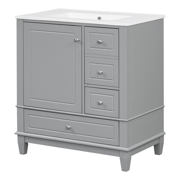English Elm Christopher Knight Home® - 30" Freestanding Bathroom Vanity with Ceramic Sink, Soft-Close Door, Gold Knobs & 3 Drawers, Durable Painted Finish Grey N759P225994E