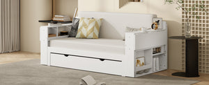 English Elm Full Size Daybed with Hydraulic Desk Armrests Storage Drawer and Sofa Seating White LT000271AAK