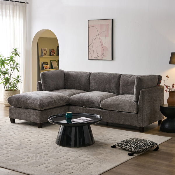 English Elm 96.5" L-shaped Chenille Sectional with Storage Ottoman Eucalyptus Frame Living Room Gray W1097S00280