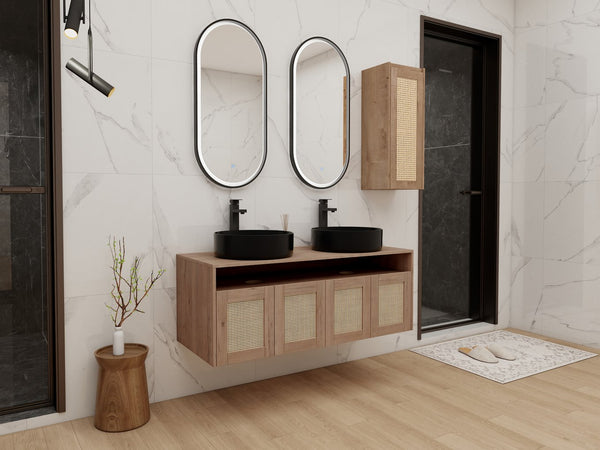 English Elm 48" Floating Bathroom Vanity Oak Finish Dual Ceramic Sinks Four Soft Close Doors W999S00499