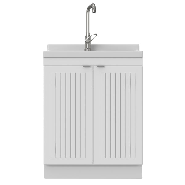 English Elm Murphy Beadboard Laundry Sink Cabinet with Deep Abs Basin and Chrome Faucet Included B136P427217