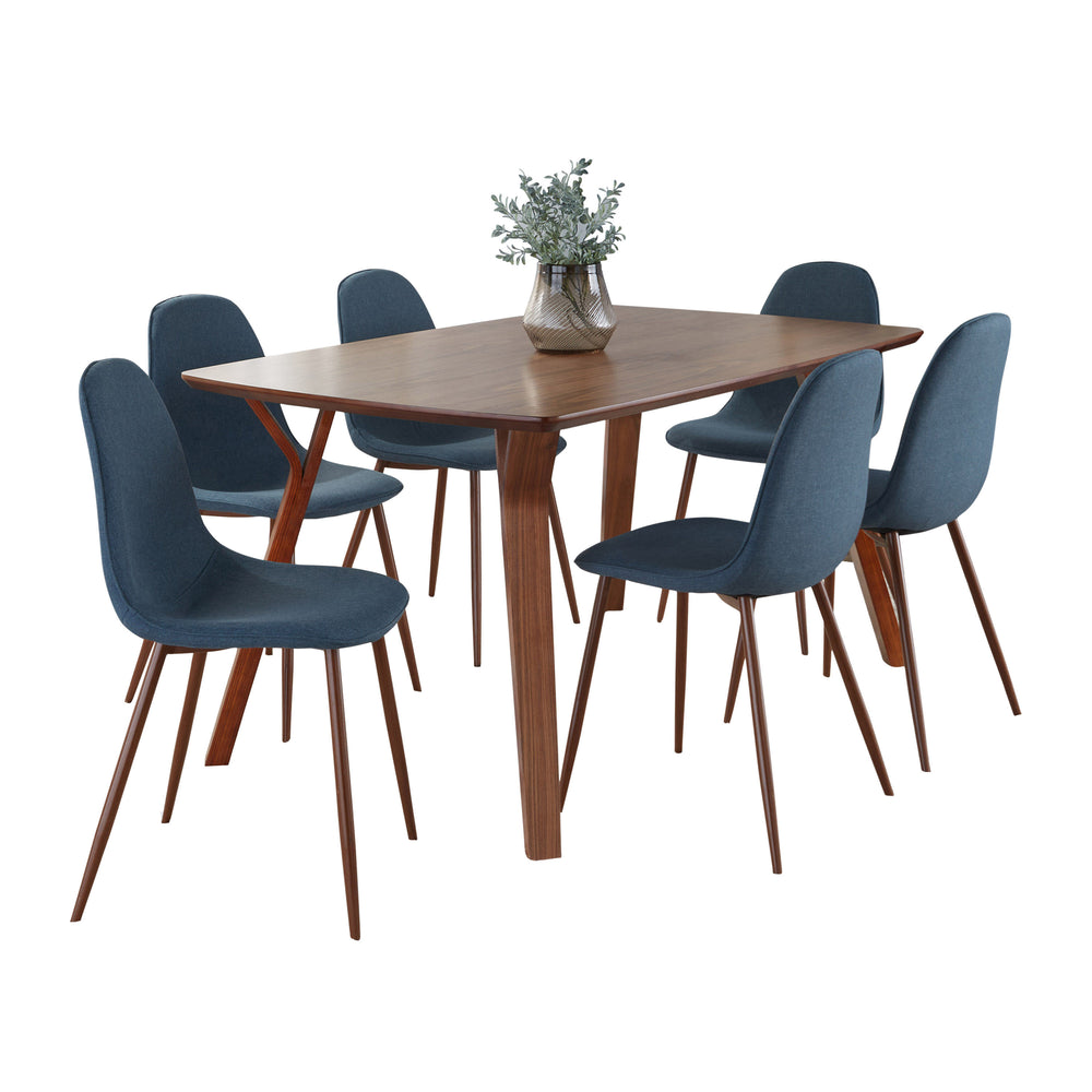 English Elm Folia Seven Piece Mid-century Dining Set Walnut Finish Table with Blue Upholstered Chairs B202S01439