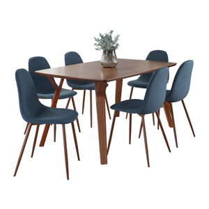 English Elm Folia Seven Piece Mid-century Dining Set Walnut Finish Table with Blue Upholstered Chairs B202S01439