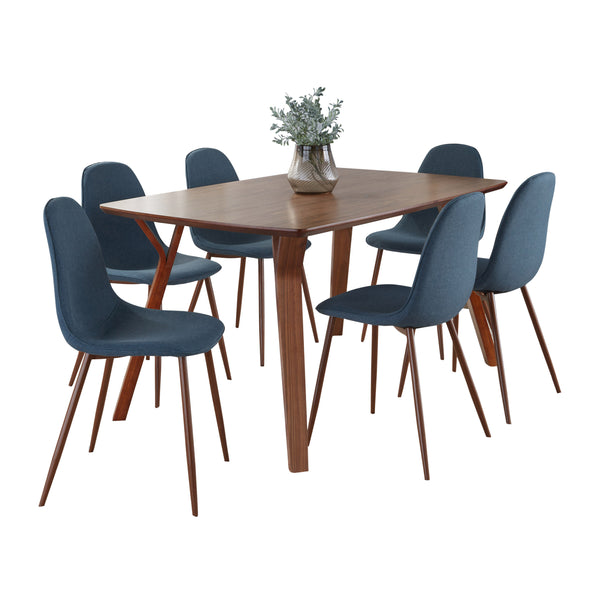English Elm Folia Seven Piece Mid-century Dining Set Walnut Finish Table with Blue Upholstered Chairs B202S01439