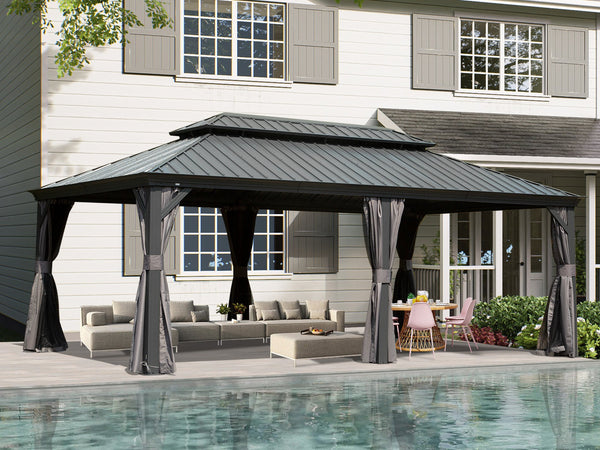 English Elm 14' X 20' Hardtop Gazebo With Steel Roof & Aluminum Frame – Stylish Outdoor Canopy For All Seasons W1859S00165