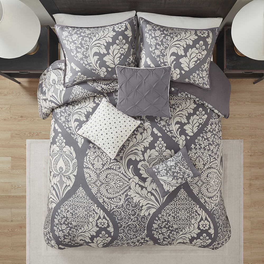 JLA Home Madison Park - 6 Madison Park Vienna Duvet Cover Set – 100% Cotton Sateen Damask Design with Pillows, Button Closure, OEKO‑TEX Certified Grey MP12-477
