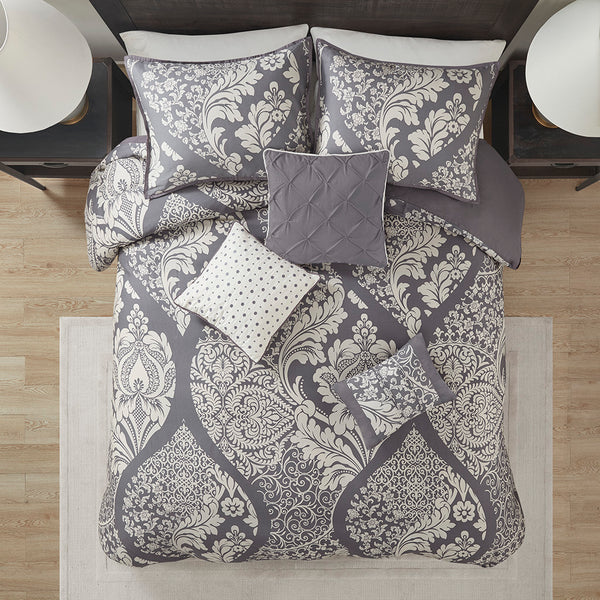 JLA Home Madison Park - 6 Madison Park Vienna Duvet Cover Set – 100% Cotton Sateen Damask Design with Pillows, Button Closure, OEKO‑TEX Certified Grey MP12-477