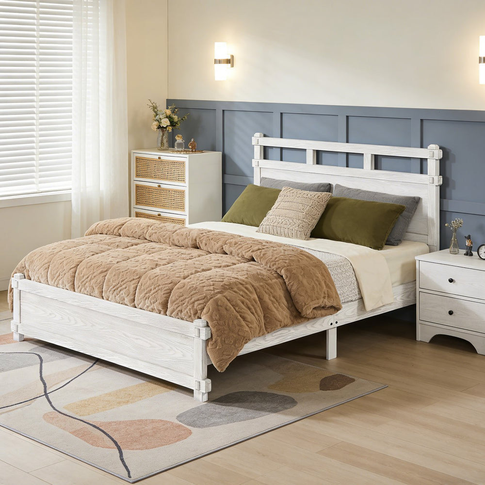English Elm Queen Farmhouse Platform Bed Antique White Wood Grain Two-tiered Headboard Solid Frame N758P369329W
