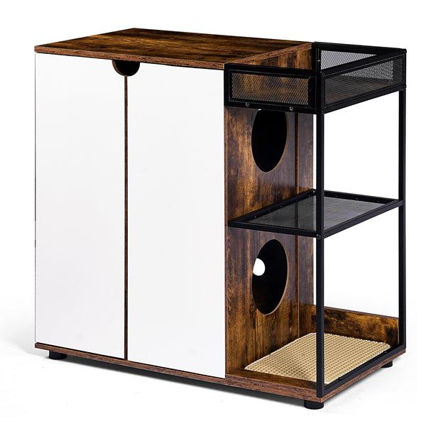 English Elm Litter Box Enclosure for 2 Cats with Ventilated Side Openings, Dual Litter Rooms, Rustic White-Walnut Cabinet W1687P170692