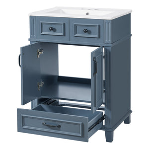 English Elm 24'' Retro Bathroom Vanity Solid Rubberwood Frame Ceramic Sink Soft Close Storage Blue N710P405405C