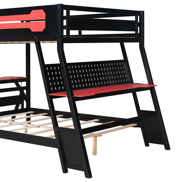 English Elm Full Size Gaming Bunk Bed with Dual Desks Usb Charging Ports and Pegboard Storage Red LT000274AAR