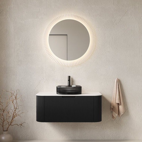 English Elm Dina Floating Bathroom Vanity Sintered Stone Top Glass Basin Striped Plywood Cabinet W2615S00406