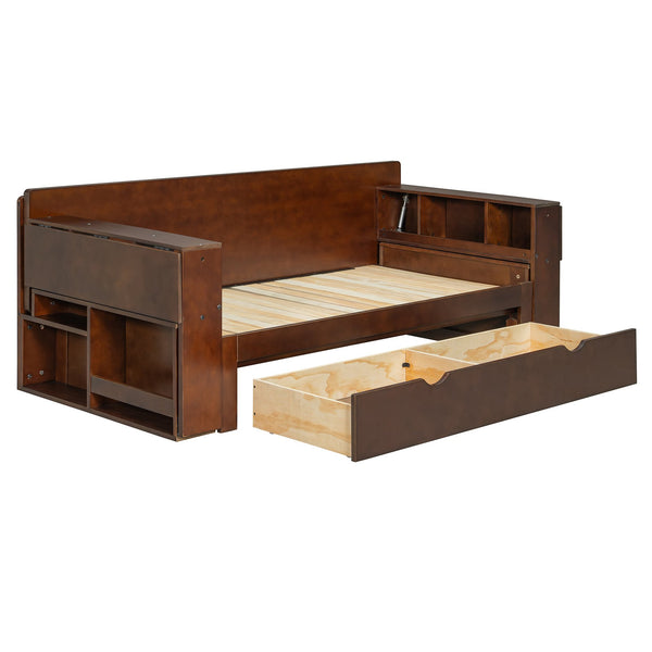 English Elm Full Size Daybed with Hydraulic Desk Armrests Storage Drawer and Sofa Seating Espresso LT000271AAP