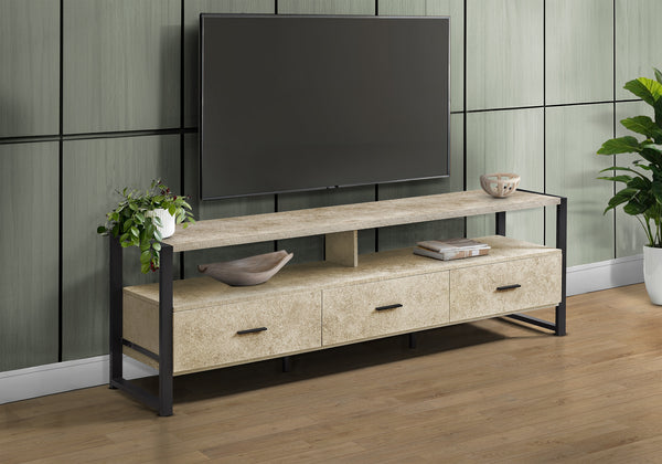 English Elm Tv Stand 72 Inch Media Console with 3 Drawers & Open Shelves, Stone Laminate Surface, Modern Chic Cream 76 L x 18 W x 7 H B2710P287035