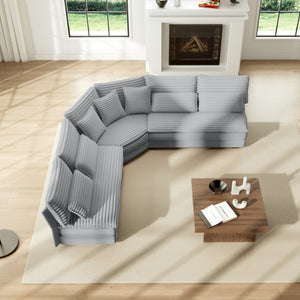 English Elm 5-seater Curved Corner Sectional Sofa Ribbed Corduroy Upholstery with Seven Accent Pillows W2606S00015