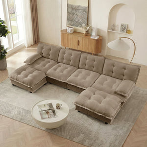 English Elm 138" U-shaped Chenille Cloud Sectional with Ottomans Deep Seat Modular Living Room Sofa Light Coffee W714S01716