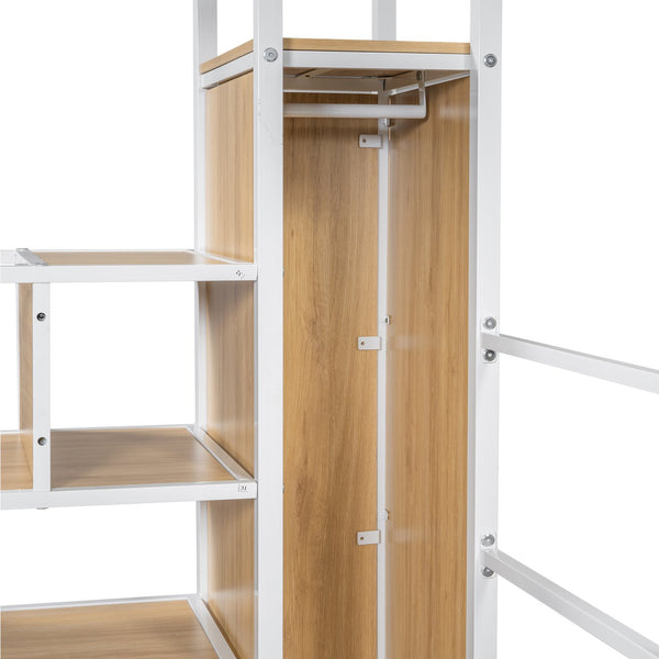 English Elm Twin Metal Loft Bed with Desk, Wardrobe & LED Lighting — Space-Saving Twin Loft with Storage Staircase GX000662AAK
