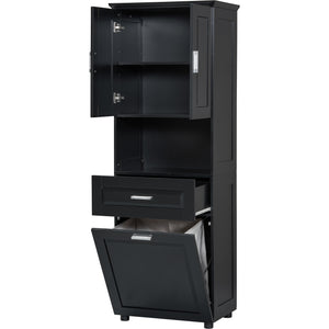 English Elm Tall Bathroom Cabinet with Tilt-Out Laundry Hamper, Adjustable Shelves, Anti-Tip Design & Large Storage Black WF323481AAB