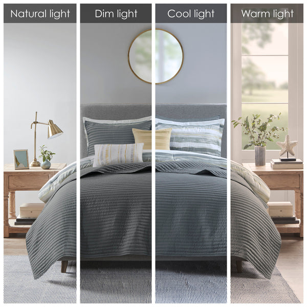 English Elm 8 Piece Printed Seersucker Comforter & Quilt Set In Yellow/Gray For Full/Queen – Cozy & Stylish! B03597254