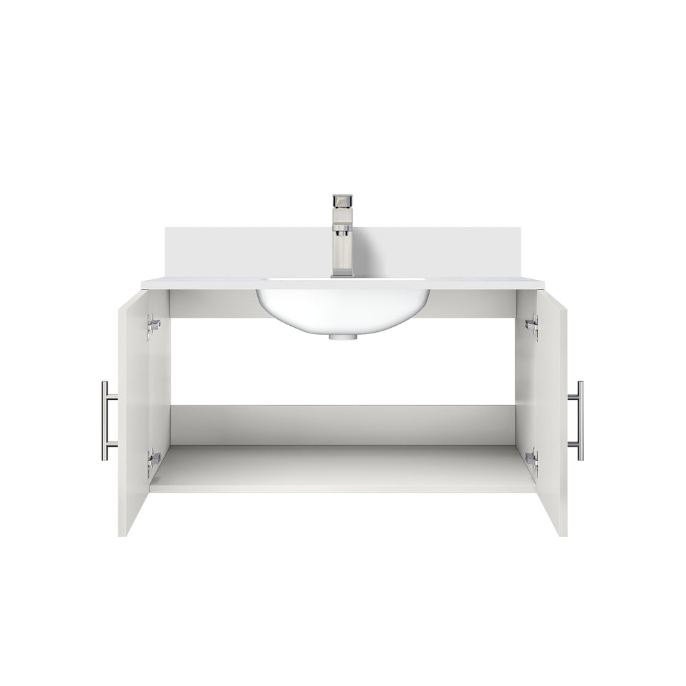 English Elm Glossy 36 in White Bath Vanity with Quartz Top, Soft-Close Storage & Chrome Monte Faucet Set B2731P258633