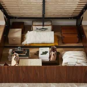 English Elm Queen Storage Bed Walnut Finish Hydraulic Lift Corrugated Wood Headboard No Box Spring W1820S00041