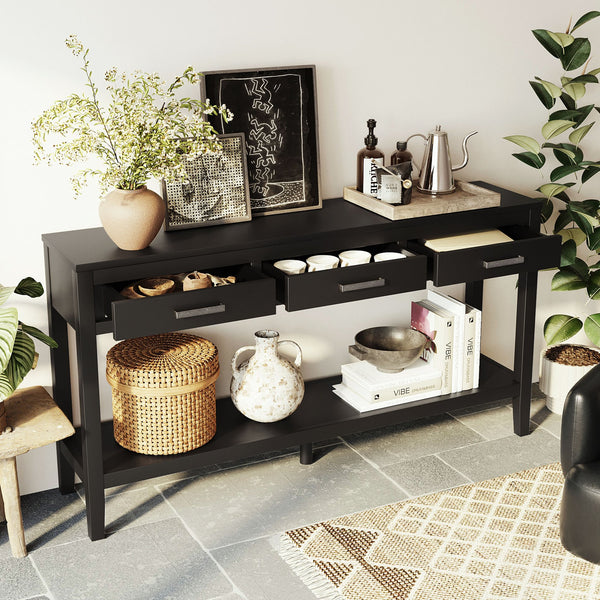 English Elm U_style Farmhouse Console Table with Three Drawers Open Shelf Entryway Organizer Black N711P410445B