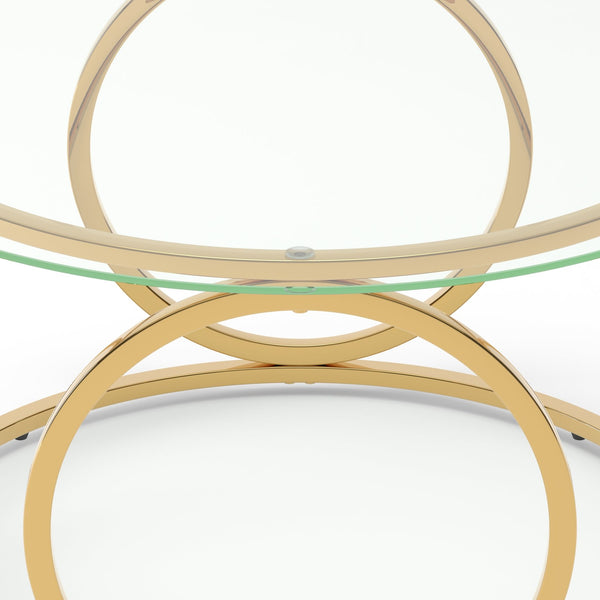 English Elm 31.50'' Round Chrome Ring Glass Coffee Table Two Tier Smoked Tempered Top Modern Living Room W757P412798