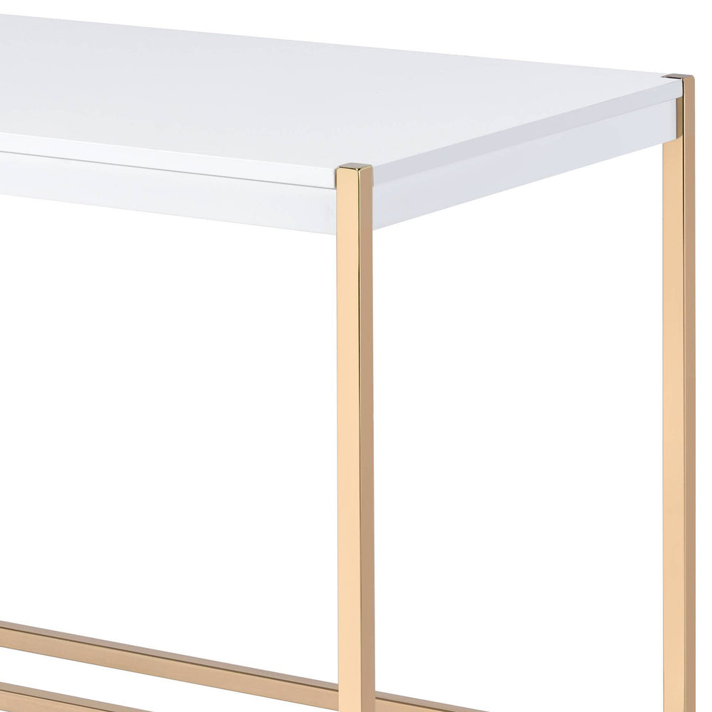 English Elm White White and Gold Writing Desk with USB Port, Sleek Rectangular Top, Gold Metal Open Base, Modern Home Office Chic B062P184553