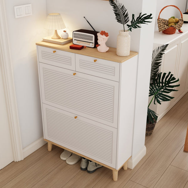 English Elm Shoes Storage Cabinet Slim Flip Door Entryway Organizer with Natural Wood Legs 16 Pairs W3166P266365