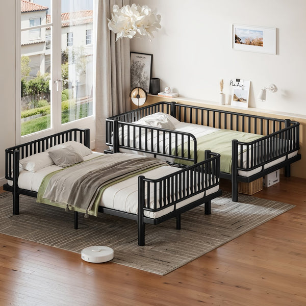 English Elm Twin Over Metal Bunk Bed with Led Lights Usb Ports Drawers and Sofa Conversion Black W5305S00070
