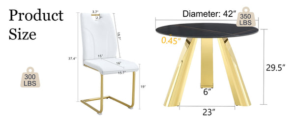 English Elm Table 5-Piece Dining Set: 42-Inch Round Sintered Stone Top With Gold Stainless Steel Legs & Chairs W2920S00041-GIGA