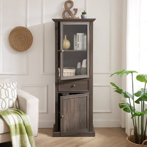 English Elm Tall Glass Storage Cabinet with Classic Farmhouse Design, Ample Shelves, Drawer & Smooth Finish Brown W2275P206603