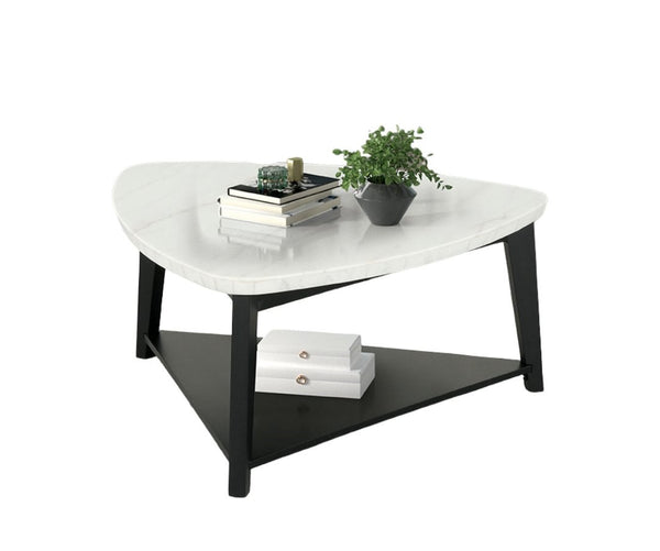 English Elm Contemporary Triangle Coffee Table With Marble Top & Bottom Storage - Chic Living Room Accent Piece B2741P395100