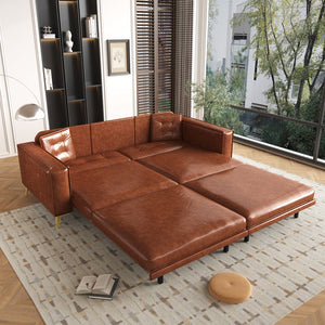English Elm 92.1"king Faux Leather Convertible Sleeper Sofa Tufted 4 Seat Pull Out Living Room Couch Light Brown W1885S00408